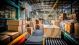 Bustling warehouse fulfillment center with seamless flow of packages on conveyor system