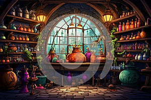 Bustling Witches\' Potion Emporium: A Whimsical Cartoon Spectacle