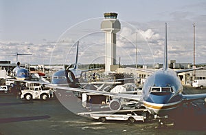 A busy afternoon at the Wien Air Alaska ramp at Anchorage International Airport, Alaska on September 1, 1980.