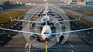 busy airport airfield runway with group of airplanes queueing to departure heavy air traffic