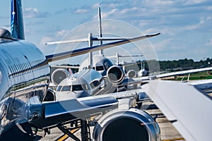 Busy airport tarmac traffic before airplanes take off