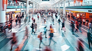 Busy Airport Terminal with Blurred Motion. Abstract colorful light trails emphasizing movement