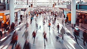 Busy Airport Terminal with Blurred Motion. Abstract colorful light trails emphasizing movement