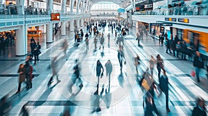 Busy Airport Terminal with Blurred Motion. Abstract colorful light trails emphasizing movement