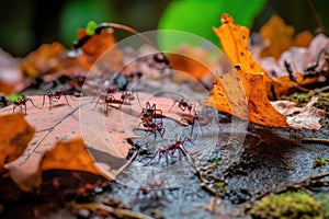 busy ant colony in fallen leaves, with insects scurrying about