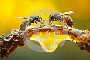 Busy Ants honey drop sunlight. Generate Ai