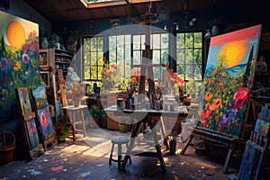 A busy artists studio filled with various easels and numerous paintings in progress, A vibrant artist\'s studio filled with