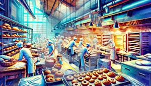 Busy Bakery Interior with Workers and Ovens photo