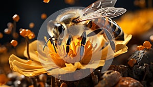 Busy bee collecting pollen from a yellow flower generated by AI