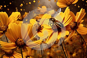 A busy bee finds respite on a brilliant yellow flower in a serene natural setting, Bees hovering above a stunning yellow flower,