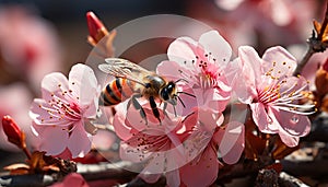 Busy bee pollinating a pink blossom in a sunny orchard generated by AI