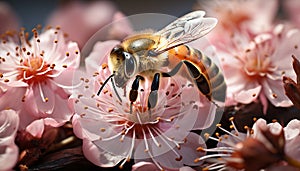 Busy bee pollinating a yellow flower in nature beauty generated by AI