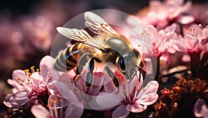 Busy bee pollinating a yellow flower in spring generated by AI