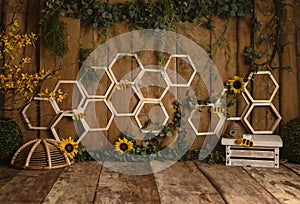 Busy Bee Spring decorations with yellow frlowers and grenery