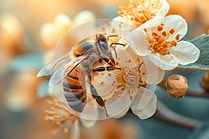 Busy bees at work: A mesmerizing display of honeybees gathering pollen against a backdrop of blossoming fruit trees