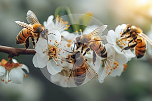 Busy bees at work: A mesmerizing display of honeybees gathering pollen against a backdrop of blossoming fruit trees