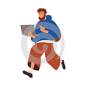 Busy business person hurrying, running, walking with laptop computer in hands. Hectic active man freelancer late with