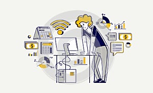 Busy business person working on some commercial project online vector outline illustration, entrepreneur analyzing virtual