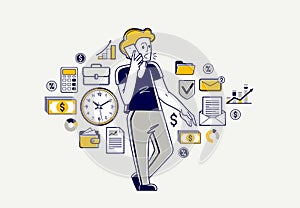 Busy business person working on some commercial project vector outline illustration, entrepreneur analyzing financial data,