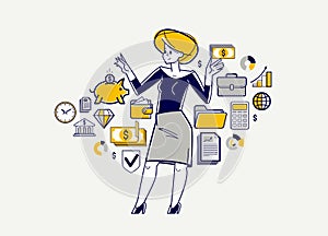 Busy business person working on some commercial project vector outline illustration, woman entrepreneur analyzing financial data,