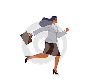 Busy business woman character holding briefcase running fast being late on job isolated on white