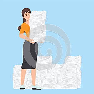Busy business woman with stack of office paper