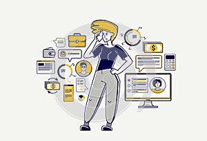 Busy business woman working on some commercial project online vector outline illustration, entrepreneur analyzing virtual