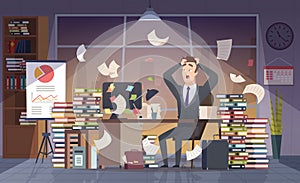 Busy businessman. Office manager hard work deadline stress chaos interior vector cartoon concept