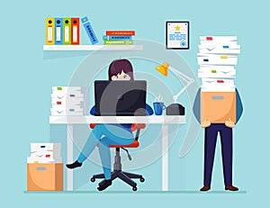 Busy businessman with stack of documents in carton, cardboard box. Business woman working at desk.  Office interior with computer