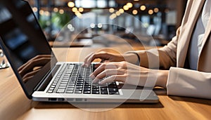 Busy businessman typing on laptop in modern office generated by AI