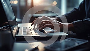 A busy businessman typing on laptop in modern office generated by AI