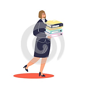 Busy businesswoman holding pile of documents to work with. Business woman doing paperwork