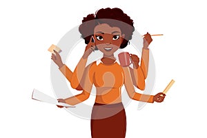 Busy businesswoman vector illustration. Cartoon business woman office worker talks phone effective multitasking employee