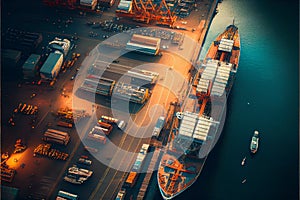Busy cargo port with ships terminal aerial view