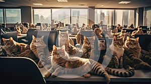 Busy Cats Employees In Office. Employees Hard Working In Workspace And Are So Tired. More Social And Communication. Generative AI