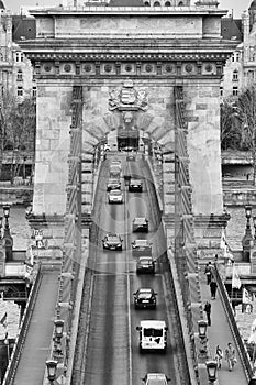 Busy Chain bridge, or Lanchid, in the capital of Budapest, Hungary