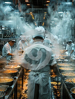 Busy Chef in Restaurant Kitchen with Blurred Motion of Cooking