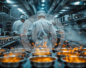 Busy Chef in Restaurant Kitchen with Blurred Motion of Cooking