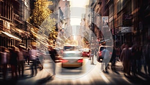 Busy city street at dusk, blurred motion, illuminated skyscrapers generated by AI