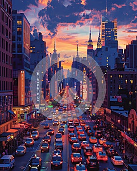 Busy city street in Manhattan, New York City. Traffic flows amidst towering skyscrapers