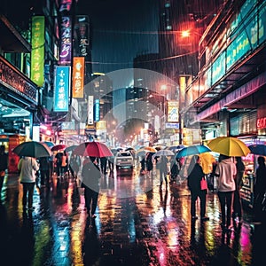 Busy city street at night with people walking in the rain under colorful neon reflections