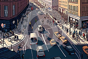 busy city street with pedestrians, bikers, and cars crossing in all directions