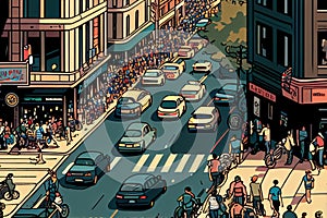 busy city street with pedestrians, bikers, and cars crossing in all directions