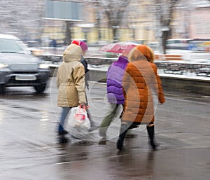 Busy city street people on zebra crossing