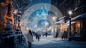 Busy city streets with people walking on cold and snowy Winter Night