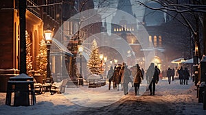 Busy city streets with people walking on cold and snowy Winter Night