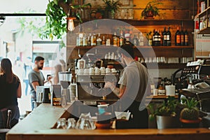 Busy Coffee Shop Ambiance with Patrons and Baristas. Resplendent.