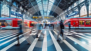 Busy Commuters at Train Station Crossing Pedestrian Zebra. Generative ai