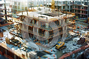 Busy Construction Site with Machinery and Workers at Sunset, Urban Development and Architecture Concept