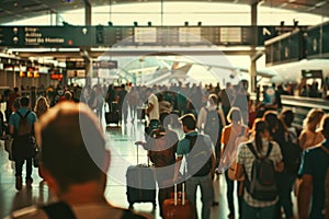 Busy Crowd Walking Through Airport Terminal, A crowded airport terminal filled with travelers hauling luggage and looking for